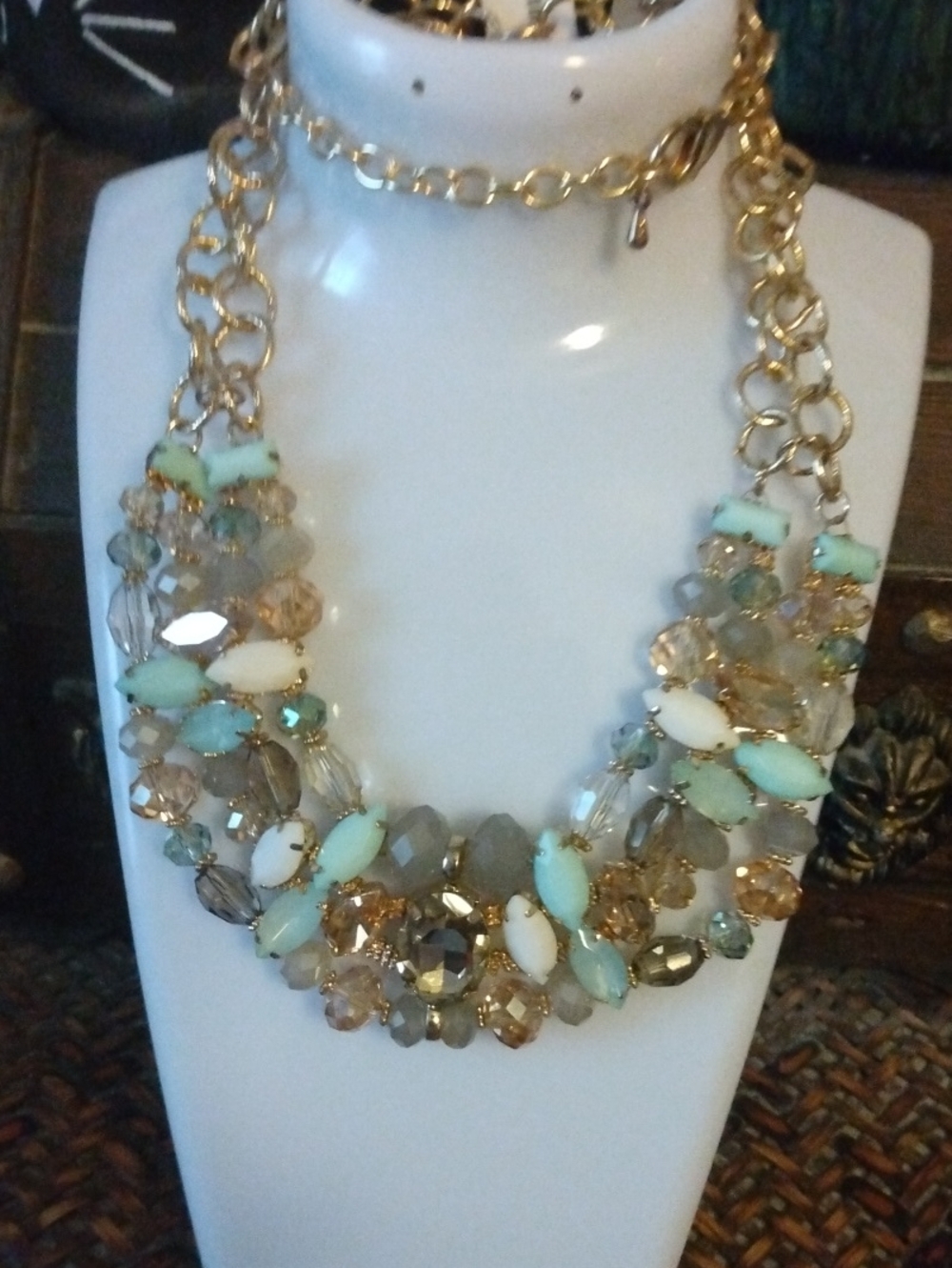 LOFT Gold-Tone Necklace with Mint Green and White Accents